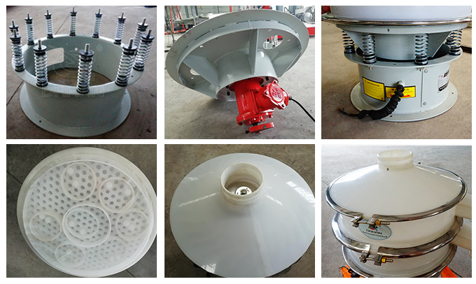 塑料振動(dòng)篩彈簧底座安裝，振動(dòng)電機(jī)安裝，篩網(wǎng)，防塵蓋等安裝圖片展示